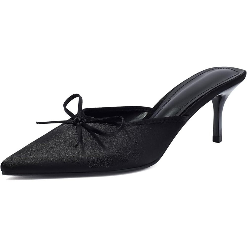 Women's Slip On Mules Backless Low Heel Pumps Black Kitten Heel Bow Mules